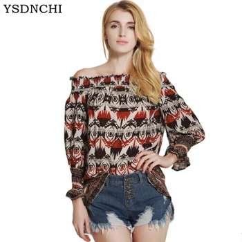 

Women Blouses New Fashion Retro blusas Printing Long Sleeve Level Collar Sexy Strapless Horn Female Shirt Casual Spring S336