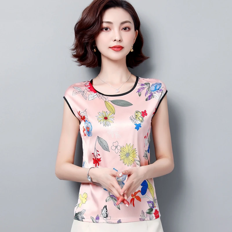

Korean Fashion Silk Women Blouses Satin Sleeveless Pink Women Shirts Plus Size XXXL/4XL Womens Tops and Blouses