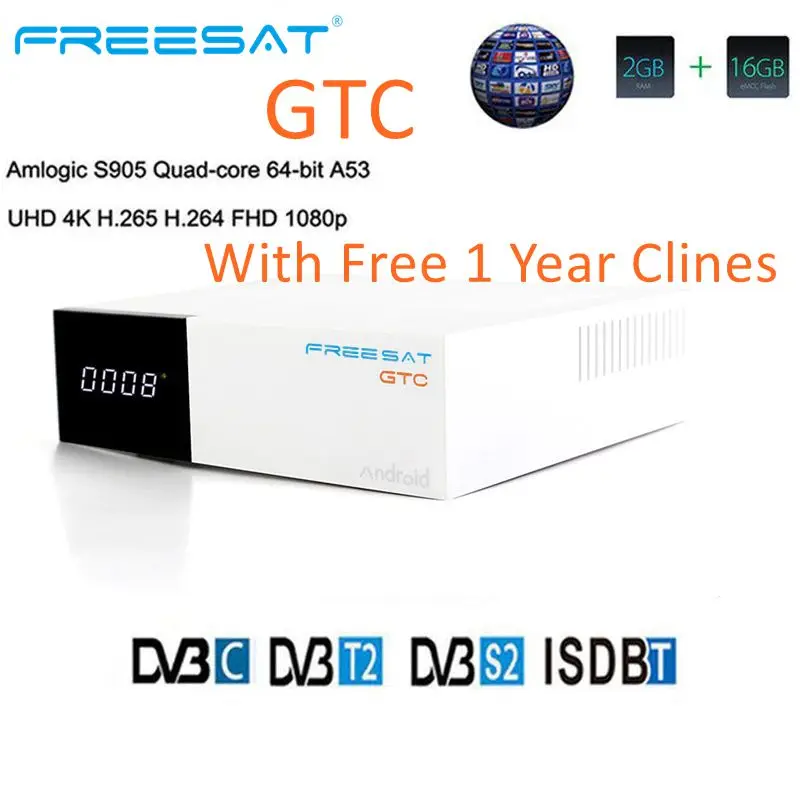 

FREESAT GTC Android 6.0 TV BOX DVB-S2/T2/Cable/ISDBT Amlogic S905D 2GB RAM 16GB ROM + 1 year free CCcam for Europe Support IPTV