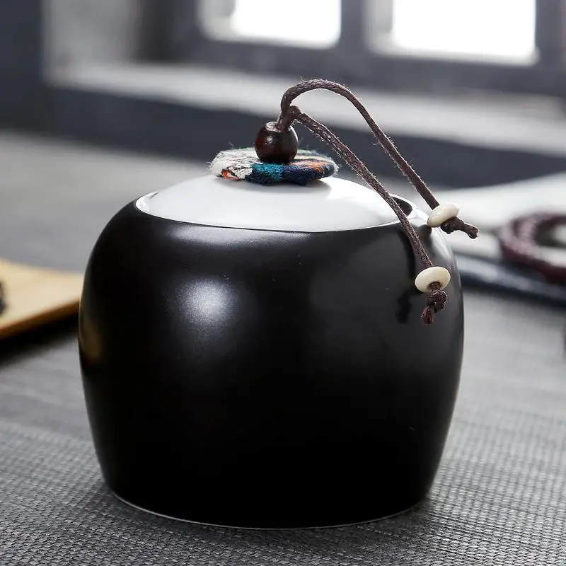 black Ретро многофункциональные круглые чайные пакетики белая черная керамическая чайная коробка с крышкой чайная банка мини Ящики Для Хранения Caddy кофейная пудра банки - Цвет: black
