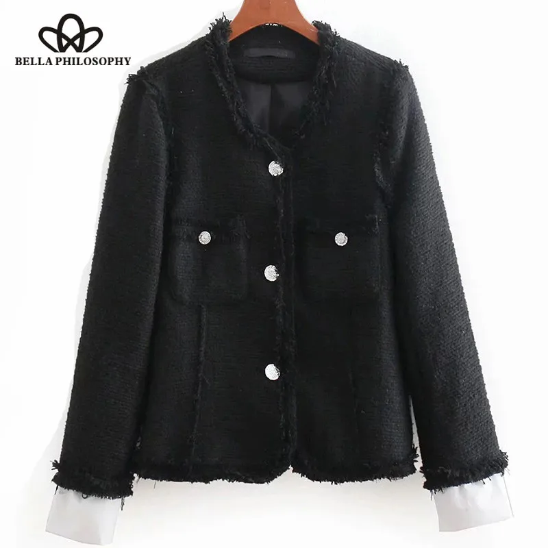 Wonder 2018 new Patchwork Cuffs Vintage Black Jacket Lady O Neck Long Sleeve Single-breasted Frayed Edges Autumn Elegant Jackets