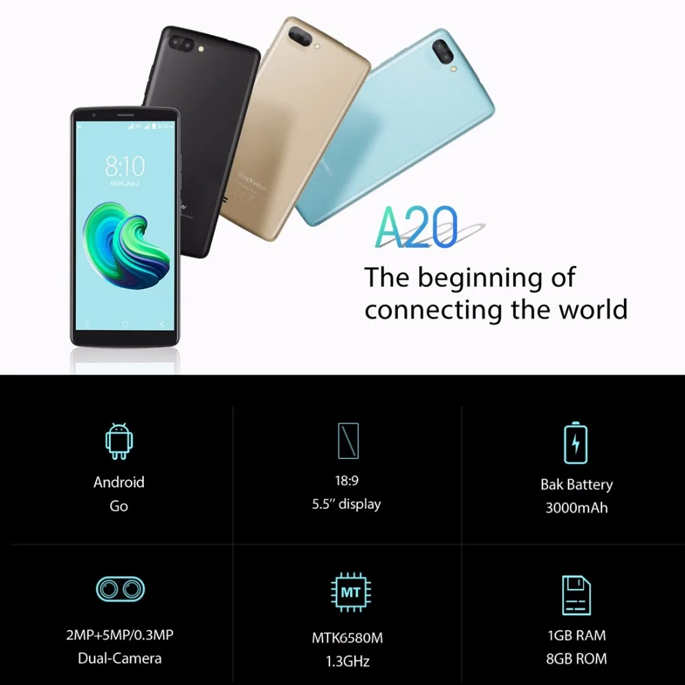 NEW BLACKVIEW A20 Android GO Smartphone Dual Rear Camera MTK6580M Quad core 1GB RAM 8GB 5.5\