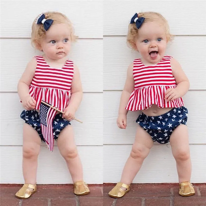 

PUDCOCO My 1st July 4th Baby Girl USA Flag Striped & Stars Outfit pop Active Tops+Short Pants Summer Set 0-24M