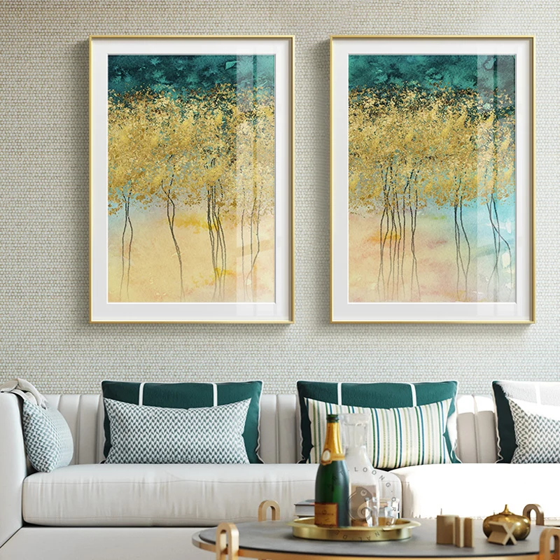 Золотое дерево, зеленое растение, картина в скандинавском стиле, плакат и печать, настенная Художественная Картина на холсте для гостиной, прохода, абстрактный домашний декор