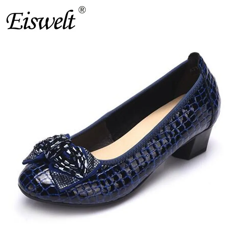 

Eiswelt 2017 Women Spring High Heels Women Genuine Leather Work Wedges Woman Thick Heels Rhinestone Pumps Casual Shoes#DZW9