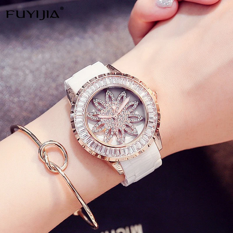 

New FUYIJIA White Ceramic Watch Women Quartz Watch Ladies Rotating Watch Top Brand Luxury Bracelet Waterproof Watch Reloj Mujer