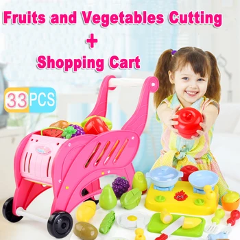 

14/33pcs Fruits and Vegetables Cutting with Shopping Cart Set Pretend Play kitchen Food toys for Children Girls Birthday Gift