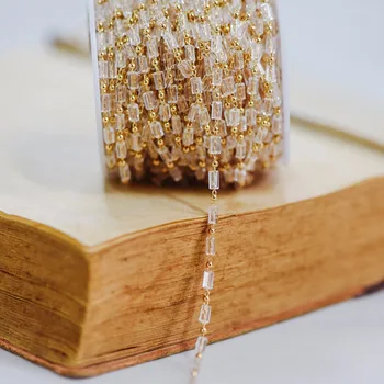 

Gold Crystal Beaded Chains, 18K Gold plated Brass Chain with Long Cube Crystal Beads 5x2.5mm (#LK-191)/ 1 Meter=3.3 ft