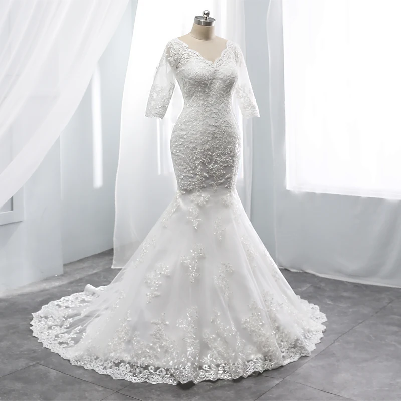 

Mermaid wedding dress half sleeves wedding Grown Sexy V Neck Chaple Train Zipper back Customise dress made in China factory sale