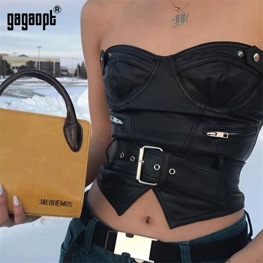 

Gagaopt 2018 Summer Harajuku Tops Women Crop Top Fashion Off Shoulder Leather Sexy Top with Belt Party Club Streetwear Blusas