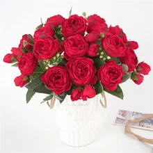 30cm Rose red Silk Peony Artificial Flowers Bouquet 5Big Head and 4Bud with peony Fake flower handmade home wedding decoration