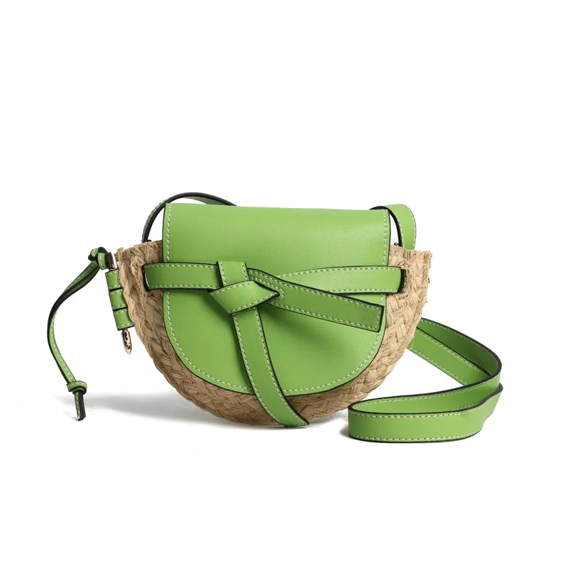 

2019 Summer Handmade Woven Straw Beach Bag Women Handbag Cow Leather Colorblock Shoulder Bag Travel Vacation Totes Bow Handbags