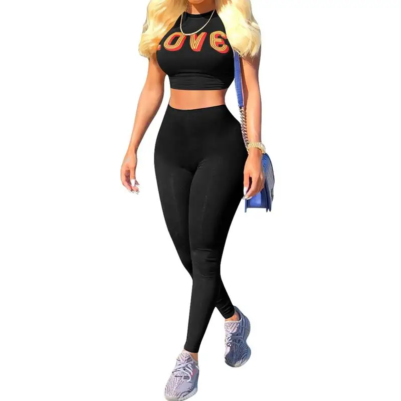2018 Summer Printed Short Sleeves Crop Top & Long Pants 2 Piece Set Women Female Fashion Tracksuit Suits For Women WS6368S