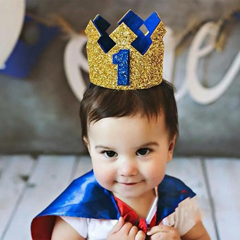 Blue Gold Boy First Birthday Hat Glitter Princess Crown Number 1st 2 3 Year Old Party Baby Shower Decor Headband Kids Gifts