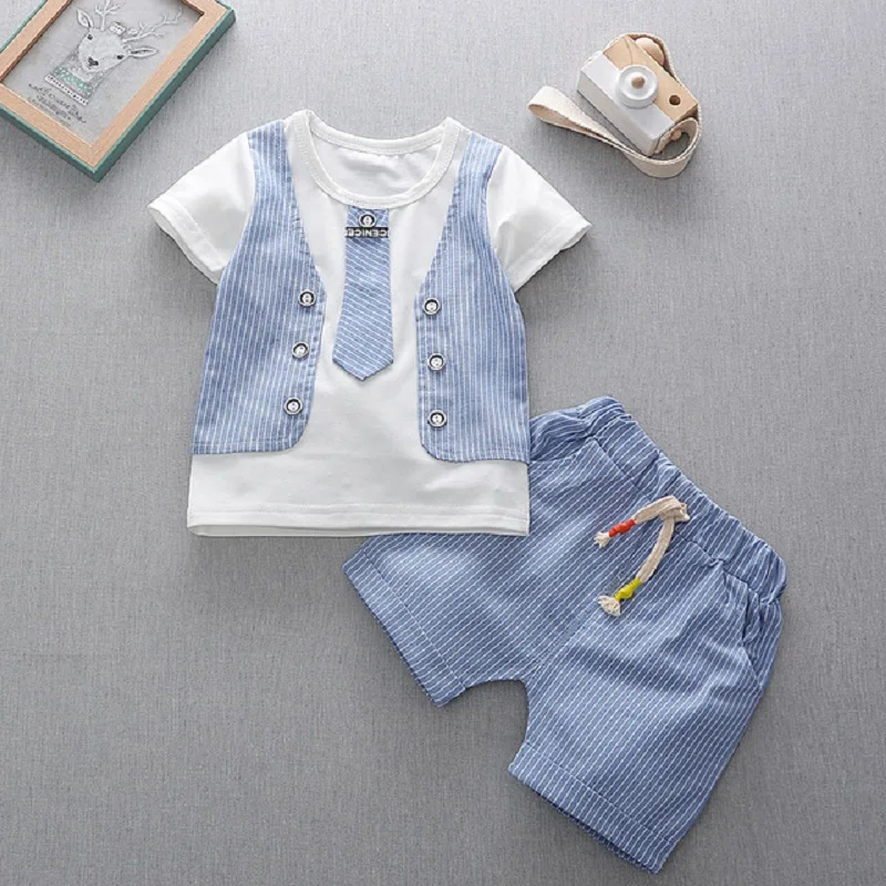 

DIIMUU 2pcs Summer Fashion Baby Boys Clothing Casual Outfits Pullovers Short Sleeve Striped Fake T-Shirts Pants Party Suits