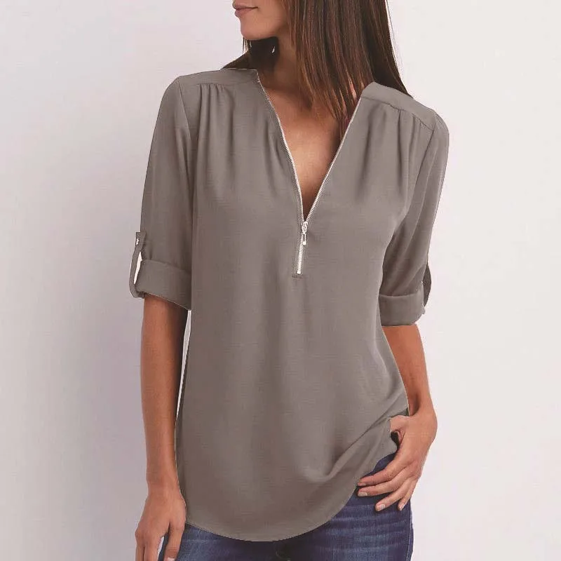 

Zipper Short Sleeve Women Shirts Sexy V Neck Solid Womens Tops Blouses Casual Tee Shirts Tops Female Clothes Plus Size