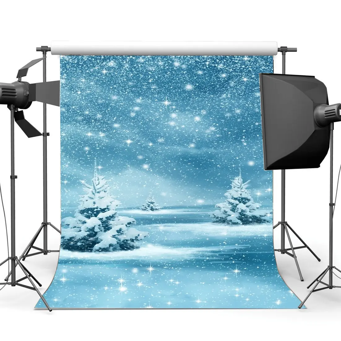 

Photography Backdrop Merry Christmas Snow Covered Landscape Bokeh Halos Glitter Sequins Falling Background