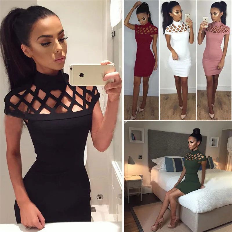 New Fashion Womens Sexy Hollow Out High Neck Dress Ladies Bodycon Slim Short Sleeve Evening Party Pencil Mini Dress
