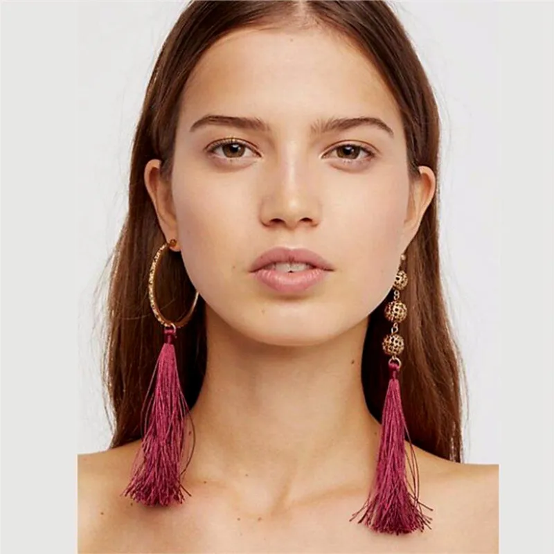 Asymmetric Boho Long Black Tassel Earrings for Female Vintage Hollow