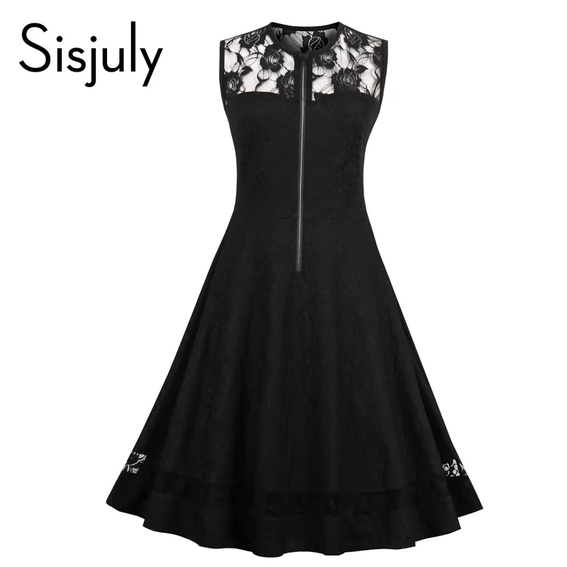 Sisjuly Vintage Black Dress Summer Women Rose Lace Party Dress Hollow Out Zipper Sexy Retro Sleeveless