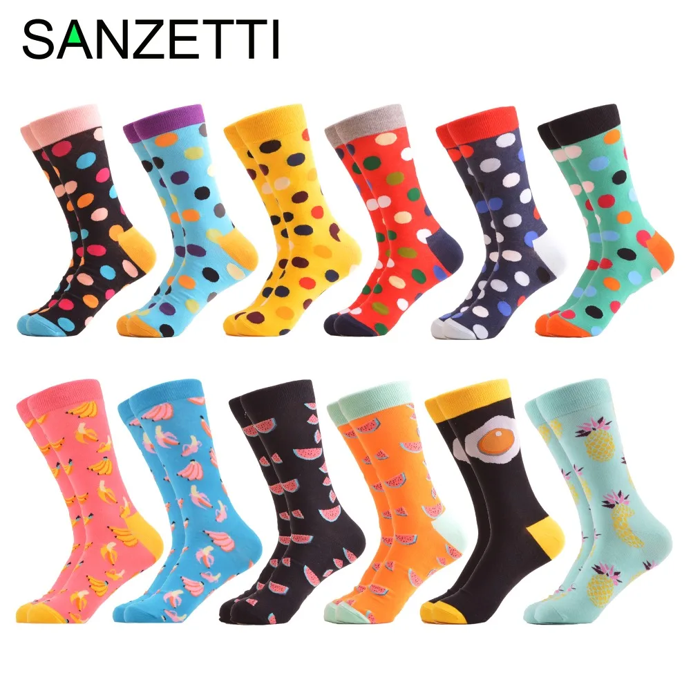 

SANZETTI 12 Pairs/Lot Colorful Bright Women Socks Novelty Dot Fruit Egg Pattern Cute Female Combed Cotton Funny Socks For Gifts