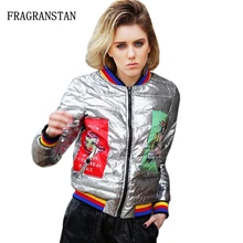 Новинка, женский зимний короткий пуховик на белом утином пуху, персональный принт с героями мультфильмов, серебряная яркая поверхность, женские бейсбольные пальто LY116