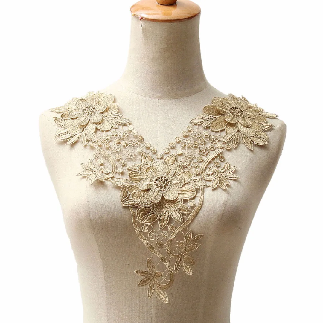 Trim Applique Floral Lace Collar Embroidery Neckline Trendy Design 26*37.5cm Gold Color