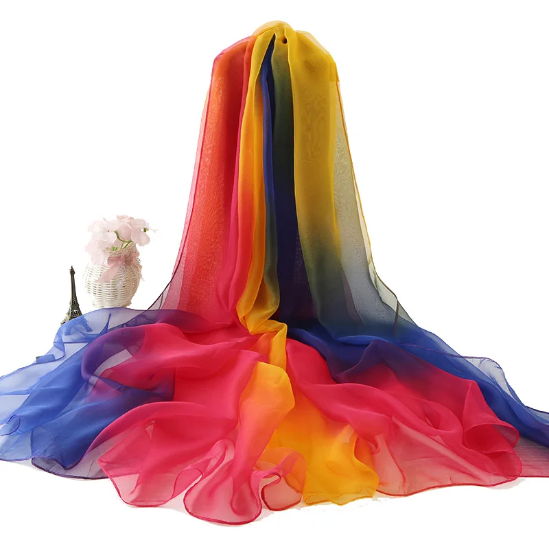 

195x125cm Women Gradient Rainbow Color Meryl Silk Scarf Beach Sarong Pareo Bikini Cover up Large Long Thin Oversized Scarves