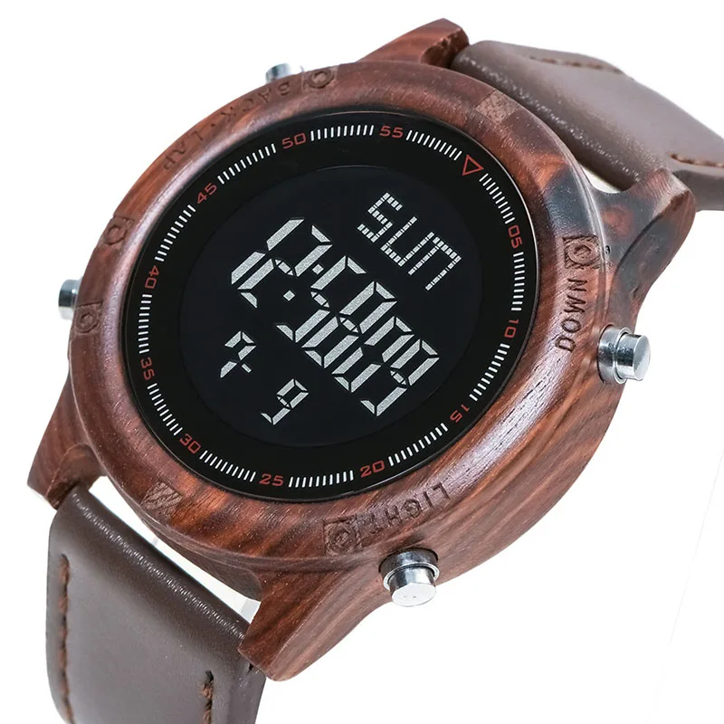 

1 Pcs Men Electronic Watch Wooden Case Adjustable Imitation Leather Strap Vintage Multifunction Round Dial relogio masculino LXH