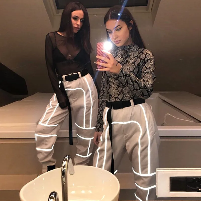Reflective Stripe Patchwork Gothic Cargo Pants Women Sashes Streetwear 2019 High Waist Trousers Reflective Stripe Patchwork Gothic Cargo Pants Women Sashes Streetwear 2019 High Waist Trousers
