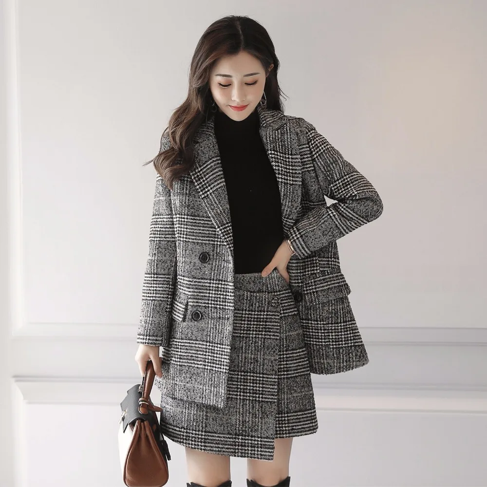high quality Two Pieces Set Women New Autumn and Winter Plus Size Fashion Plaid Blazer + Skirt high quality Two Pieces Set Women New Autumn and Winter Plus Size Fashion Plaid Blazer + Skirt