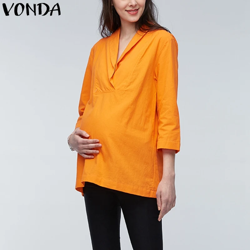 VONDA Одежда для беременных Женская Сексуальная Повседневная Свободная блузка с v-образным вырезом и длинным рукавом с оборками для беременных рубашки размера плюс