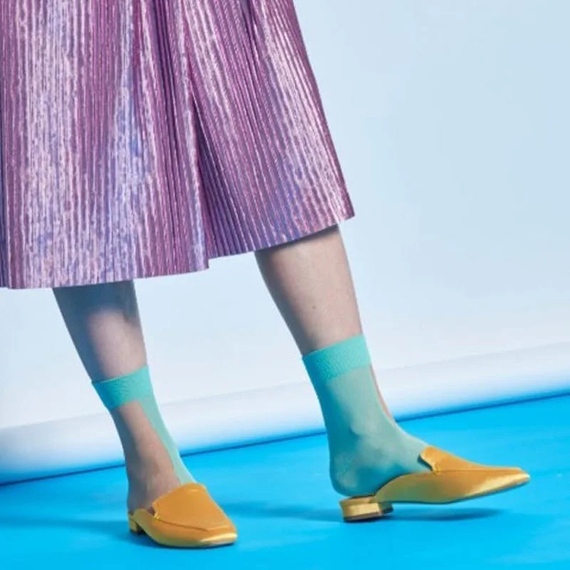 Модные сетчатые носки женские летние яркого цвета в стиле пэчворк хлопковые Лоскутные прозрачные носки офисные женские платья прозрачные носки