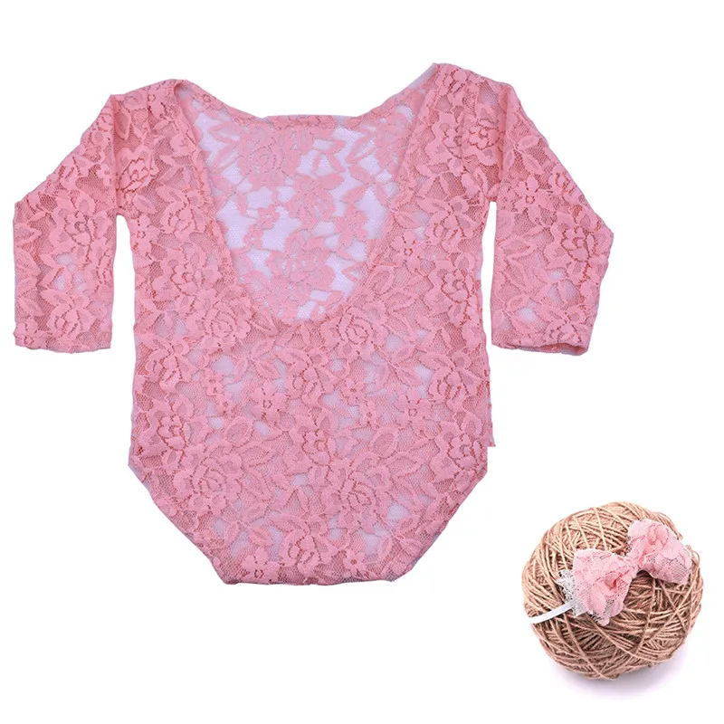 Baby Girls Lace Romper Newborn Photography Props Infant Photo Costume Deep V Back Lace Jumpsuit Headband Set Photo Shooting Prop vintage Baby Bodysuits