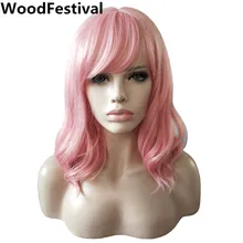 ladies short hair wigs women short pink wig with bangs synthetic hair heat resistant fiber wavy wig cosplay pink WoodFestival