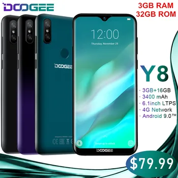 Перейти на Алиэкспресс и купить Doogee Y8 смартфон с градиентной задней крышкой, Android 9,0, 3 + 32 ГБ, 3400 мАч, 4G LET 19:9, 6,1 дюйма, HD