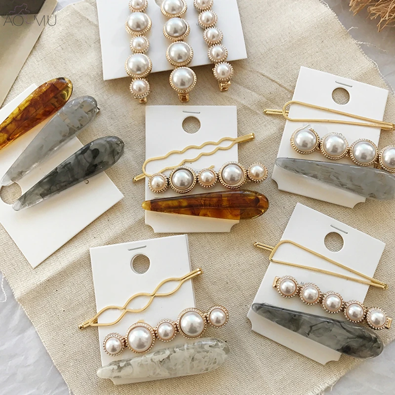

AOMU 1 Set Design Korea Japan Metal Gold Pearl Irregular Acetate Hair Clip for Women Girl Wedding Party Hair Accessories Jewelry