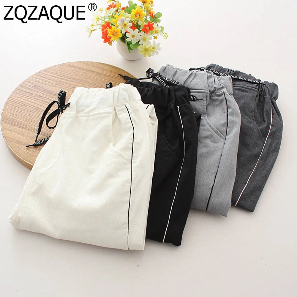 

New Fashion Women's Ankle-Length Pants with Pocket Spring Summer Autumn Girls Elastic Waist Cotton Linen Harem Pants Size S-XXL