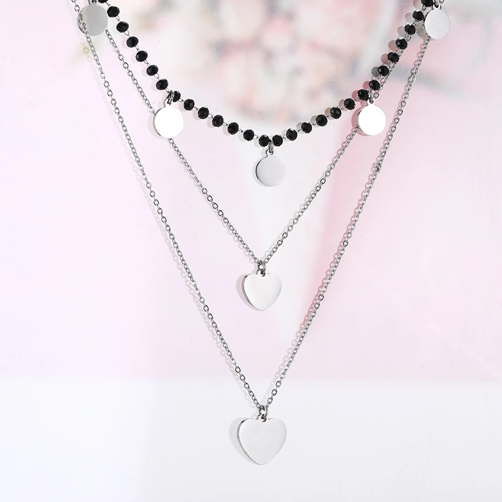 

Women Multilayer Heart Charms Necklace Black Crystal Chains Choker Necklace Stainless Steel Bijoux Collier Trendy Jewelry 2019