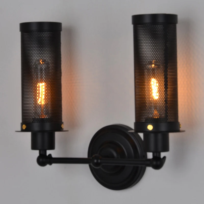 

American vintage loft lamp nostalgic bedside balcony stair iron mesh double slider wall lamp