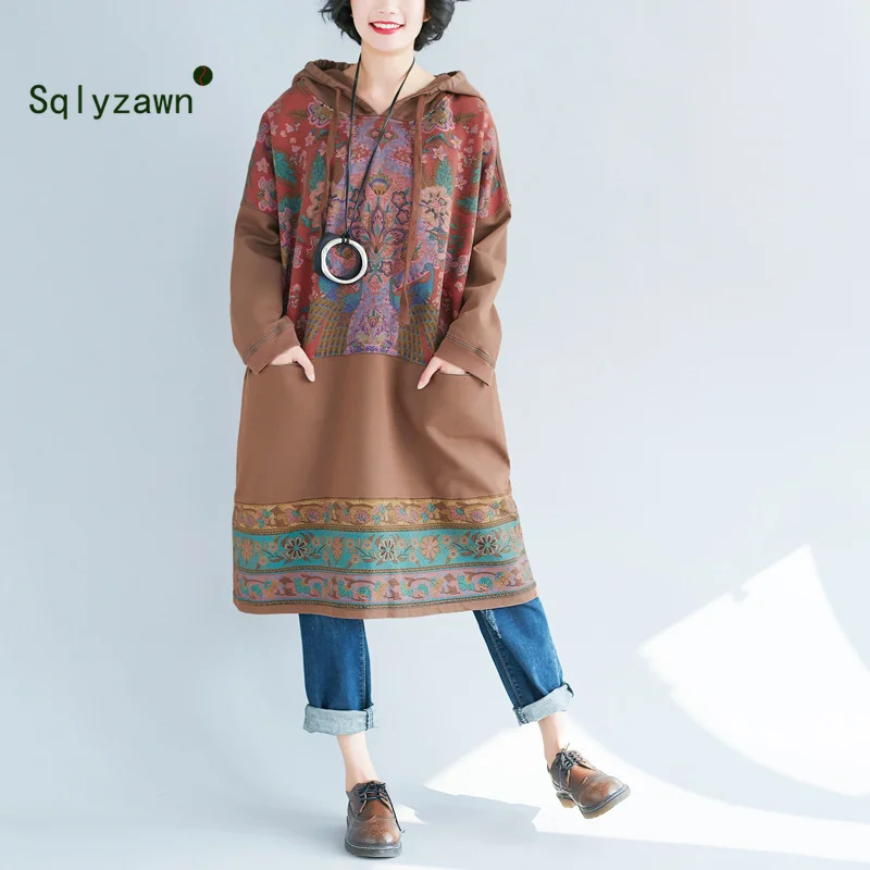 

2019 Winter Muslim Women Cotton Long Hoodies Dress Ladies Long Sleeve Print Loose Retro Oversized Hoodie Pullover Top Mujer Coat