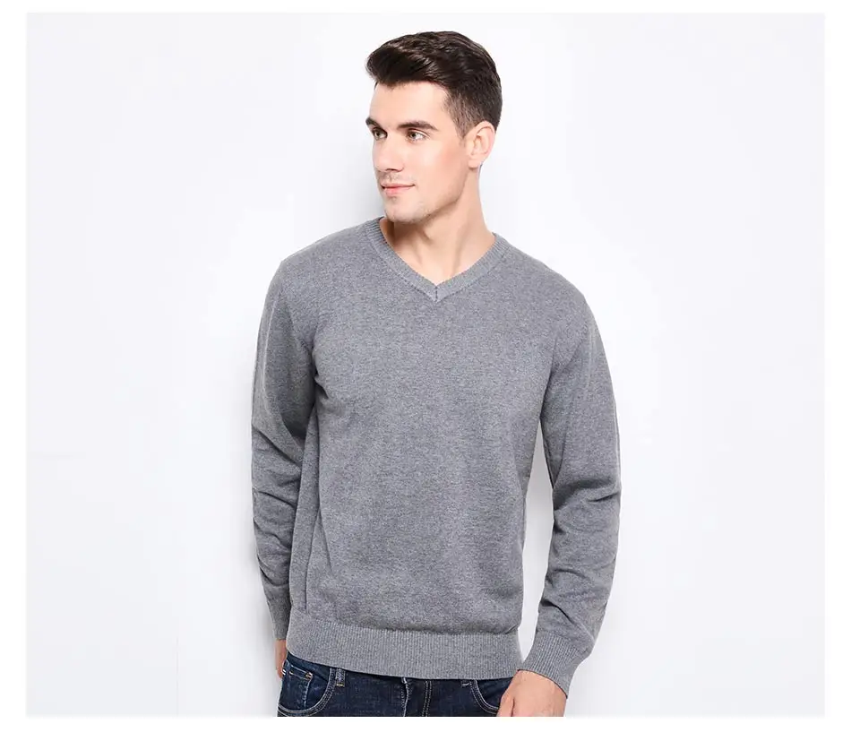 Новый осенне-зимний модный бренд одежды мужские свитера с v-образным вырезом сплошной цвет Slim Fit Мужской пуловер 100% хлопок вязаный свитер