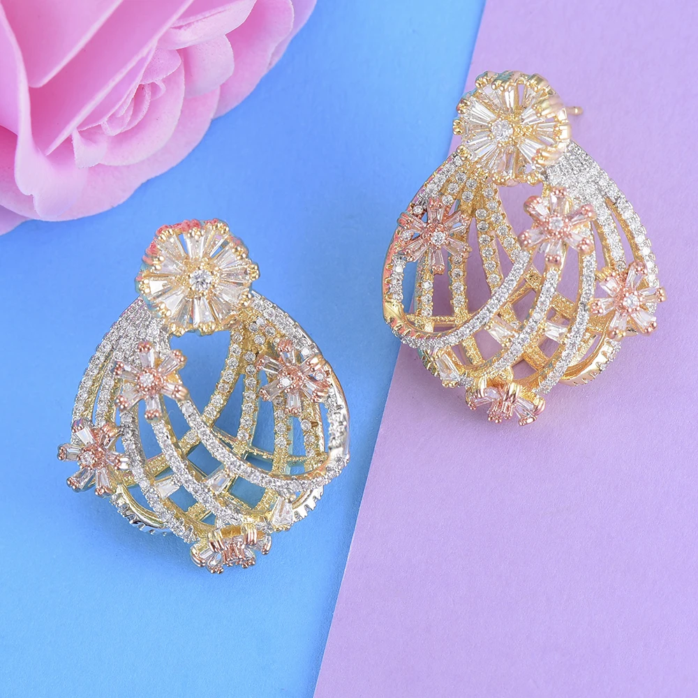 Godki роскошный трехцветный цветок серьги-гвоздики для женщин Свадебные прозрачные кристалл кубический циркон CZ Дубай Свадебные серьги богемные Горячие