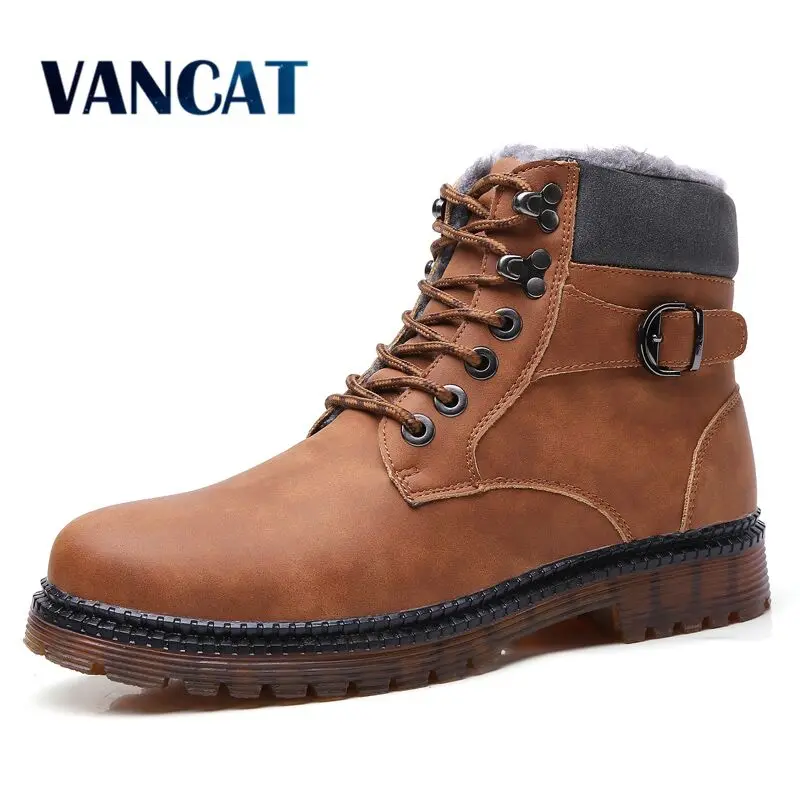 

Vancat New Super Warm Plush Men's Winter Split Leather Ankle Boots Waterproof Snow Boots Winter Motorcycle Boots Men Boots