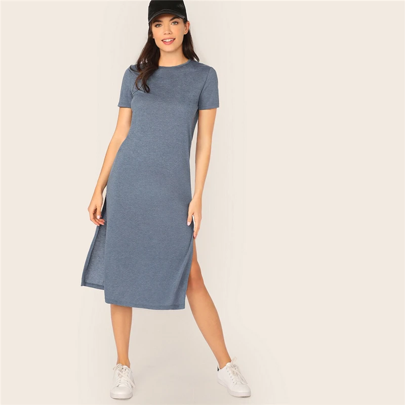 SweatyRocks Solid Split Side Tee Dress Summer Streetwear Blue Dresses Women Casual Short Sleeve Long Dress