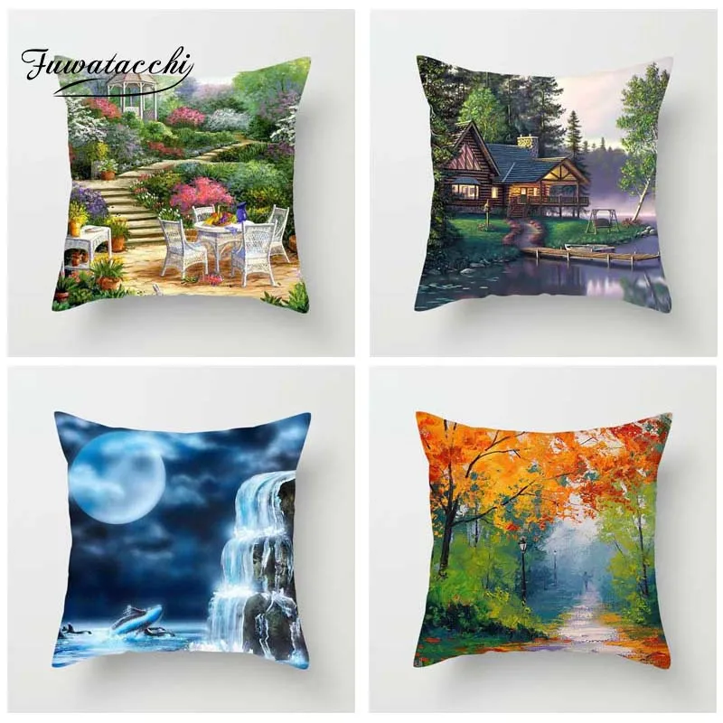 

Fuwatacchi Oil Painting Style Cushion Cover Colorful Scenic Printed Pillow Cover Lake Chalet Sea Decorative Pillows For Sofa Car