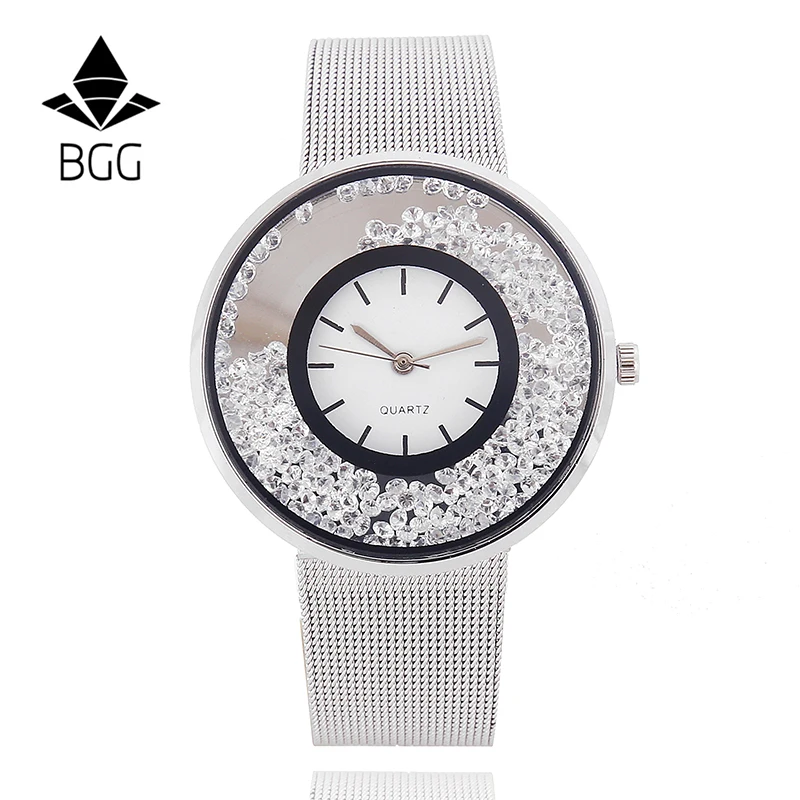 Hot Fashion Stainless Mesh Strap Watch Women Crystal Dial Poplular BGG Brand wristwatches Ladies Gold Silver