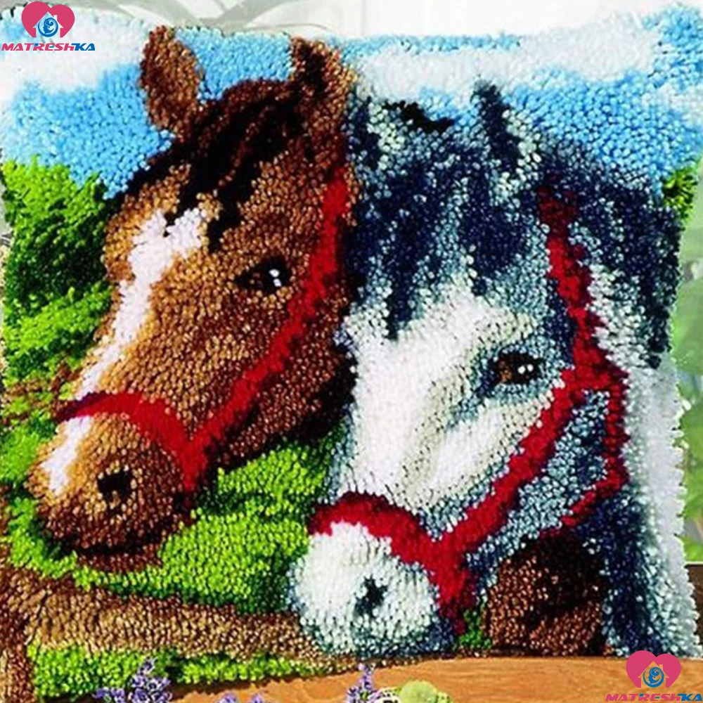 Latch Hook kits Pillowcase Horse Handmade Printed Canvas set Cushion