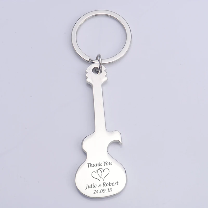 

Custom Engraved Metal Silver Guitar Shaped Bottle Opener Keychain Key Chain Personalized Wedding Party Favor Wedding Gift 25pcs
