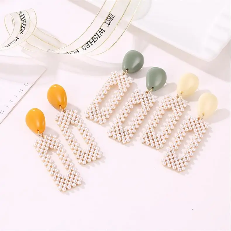 

hyperbole hollow rectangle pearl beads chandelier pendant charm orange blue pink green acrylic stud big dangle earring for women